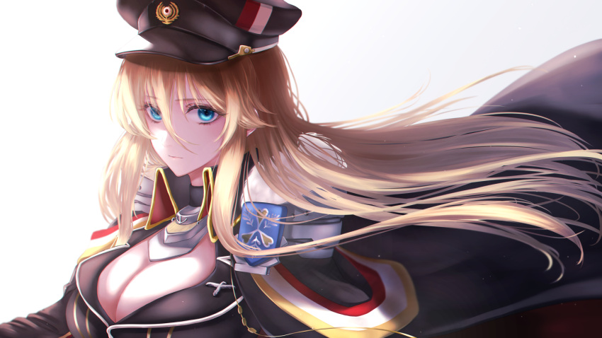 1girl azur_lane bangs banned_artist bismarck_(azur_lane) blonde_hair blue_eyes breasts cape cleavage closed_mouth eyebrows_visible_through_hair fur-trimmed_cape fur_trim hair_between_eyes hat large_breasts long_hair looking_at_viewer military military_uniform mior peaked_cap revision solo uniform upper_body white_background