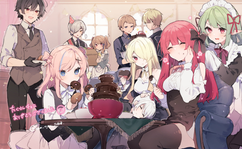 +_+ 5boys 5girls anna_(ikeuchi_tanuma) apron artist_name bare_shoulders black_apron black_bow black_necktie black_vest blonde_hair blue_eyes blue_hair blue_shirt blush bow bowl bowtie box brown_hair cake candy carrying character_request chocolate chocolate_fondue chocolate_fountain closed_eyes closed_mouth clothing_cutout collared_shirt commentary_request couch curtains doll_joints double_bun doughnut dress dress_shirt eating edel_(ikeuchi_tanuma) flower food food_in_mouth food_on_face formal frilled_dress frills gloves green_hair hair_between_eyes hair_bow hair_bun hair_flower hair_ornament hand_on_own_face handkerchief hat heart heart-shaped_chocolate highres holding holding_cake holding_food holding_handkerchief holding_plate ikeuchi_tanuma joints kneeling lace_trim light_particles long_hair long_sleeves looking_at_another lying_on_lap maid maid_headdress marshmallow multicolored_hair multiple_boys multiple_girls necktie on_couch on_lap open_mouth original party_hat pink_bow pink_bowtie pink_hair plate pointy_ears pouty_lips purple_bow purple_bowtie red_eyes red_hair rije_(ikeuchi_tanuma) rosette_(ikeuchi_tanuma) rudy_(ikeuchi_tanuma) shirt short_dress short_hair short_twintails shoulder_cutout sitting sleeping smile sparkle sparkling_eyes standing suit table tablecloth thighhighs thighs thumbs_up tino_(ikeuchi_tanuma) translation_request twintails vest white_bow white_bowtie white_hair white_shirt window wiping_face worried yellow_bow yellow_bowtie zettai_ryouiki