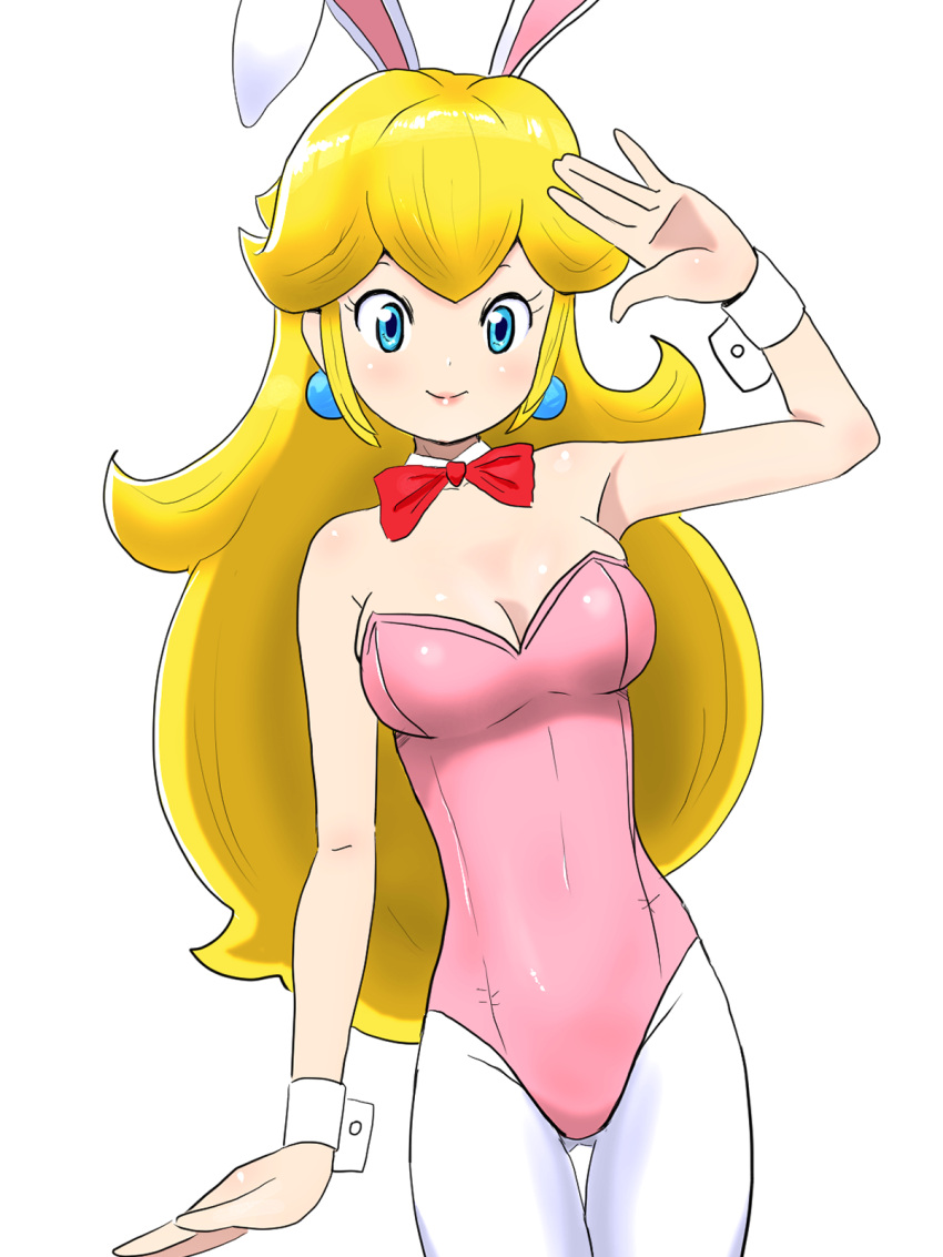 1girl alternate_costume animal_ears blonde_hair blue_eyes bow bowtie breasts cleavage commission cowboy_shot detached_collar detesu highres leotard long_hair mario_(series) medium_breasts nintendo pantyhose pink_leotard playboy_bunny princess_peach rabbit_ears red_bow red_bowtie salute simple_background solo strapless strapless_leotard white_background white_legwear wrist_cuffs