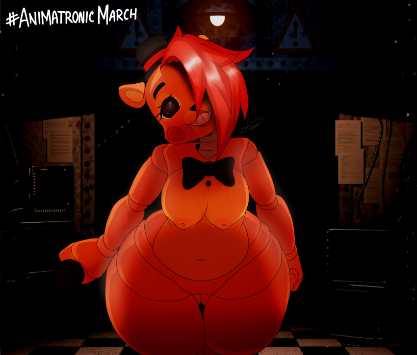2022 animatronic anthro areola bald_crotch bedroom_eyes black_clothing black_nose black_pupils blush blush_stickers bow_ribbon bow_tie breasts butt_from_the_front clothing crossgender curvy_figure digital_media_(artwork) eyebrows eyelashes female fingers five_nights_at_freddy's five_nights_at_freddy's_2 front_view fur hair hair_over_eye hat hat_only headgear headgear_only headwear headwear_only hi_res holding_object inside jaynatorburudragon looking_at_viewer looking_forward machine mammal microphone mostly_nude mtf_crossgender narrowed_eyes nipples nude one_eye_obstructed open_mouth open_smile orange_body orange_fur portrait pupils robot round_ears scottgames seductive small_waist smile solo teeth thick_thighs three-quarter_portrait top_hat toy_freddy_(fnaf) ursid video_games wide_hips
