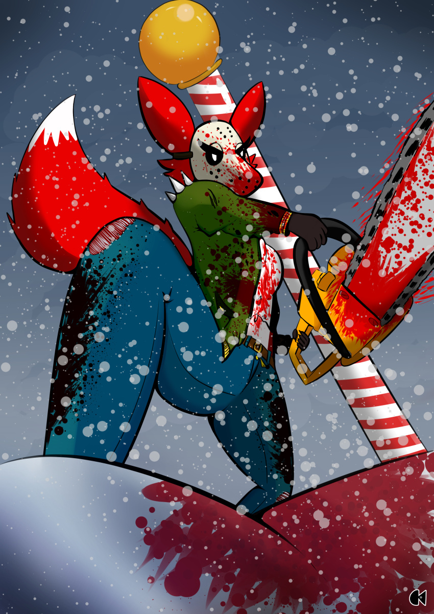 absurd_res anthro blood bodily_fluids canid canine chainsaw christmas clothed clothing deedoss denim female fox friday_the_13th fur hi_res holidays jason_voorhees mammal mask power_tool solo stained_clothing tools