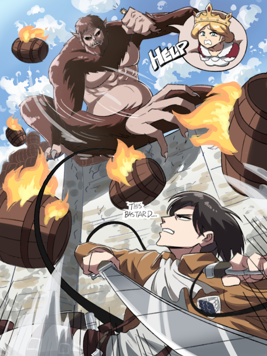 1girl 2boys barrel beast_titan black_hair blonde_hair blue_eyes capelet christa_renz crown donkey_kong_(series) english_text fire giant highres holding_person levi_(shingeki_no_kyojin) multiple_boys parody profanity red_capelet shingeki_no_kyojin survey_corps_(emblem) three-dimensional_maneuver_gear throwing tina_fate