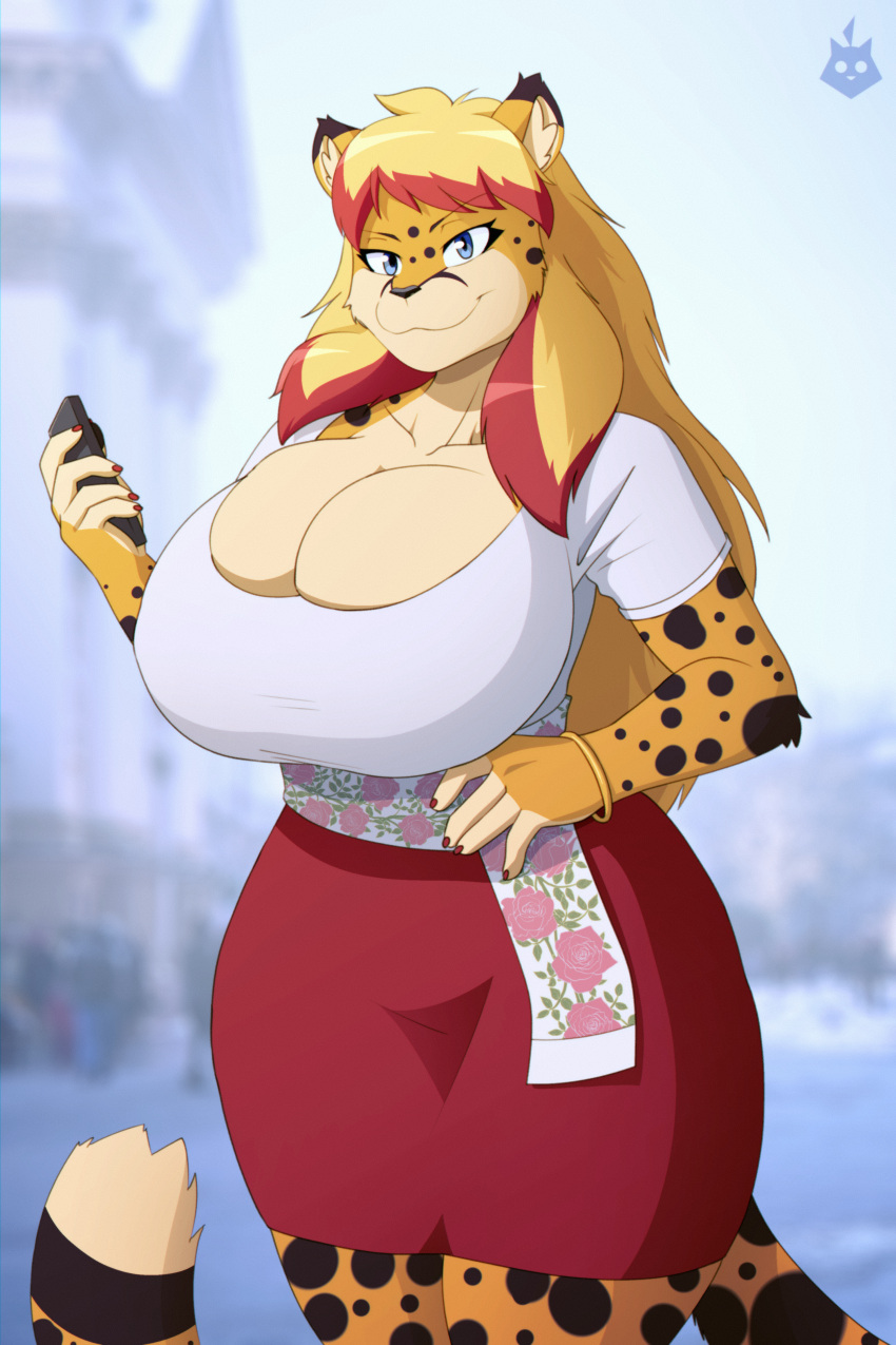 absurd_res anthro big_breasts blonde_hair blue_eyes breasts cleavage clothed clothing felid female fur hair hi_res huge_breasts kirumo-kat looking_at_viewer mammal multicolored_hair pantherine smile solo spots spotted_body spotted_fur two_tone_hair