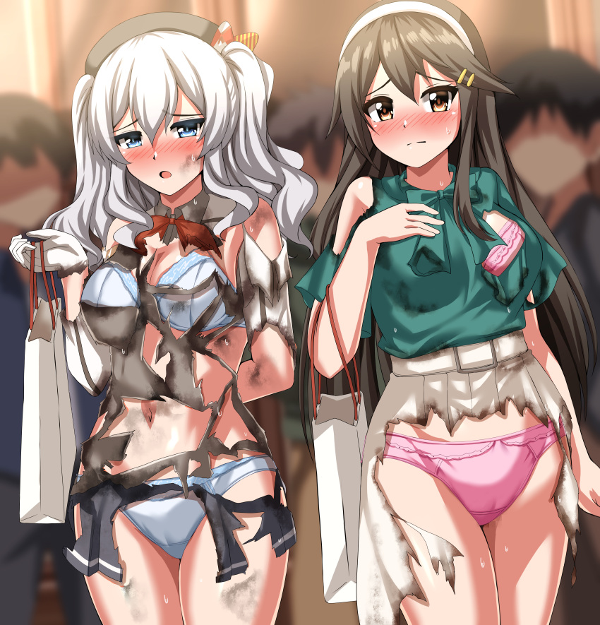 2girls 6+others absurdres bag beret black_hair black_headwear blouse blue_eyes blush bra breasts brown_eyes buttons commentary_request commission epaulettes frilled_sleeves frills gloves green_blouse grey_skirt hair_ornament hairband hairclip haruna_(kancolle) hat highres jacket kantai_collection kashima_(kancolle) large_breasts long_sleeves looking_at_viewer military military_jacket military_uniform multiple_girls multiple_others neckerchief nose_blush official_alternate_costume panties pink_bra pink_panties pleated_skirt red_neckerchief red_neckwear shopping_bag sidelocks silver_hair skirt standing torn_clothes twintails underwear uniform wavy_hair white_bra white_gloves white_hairband white_jacket white_panties white_skirt zanntetu