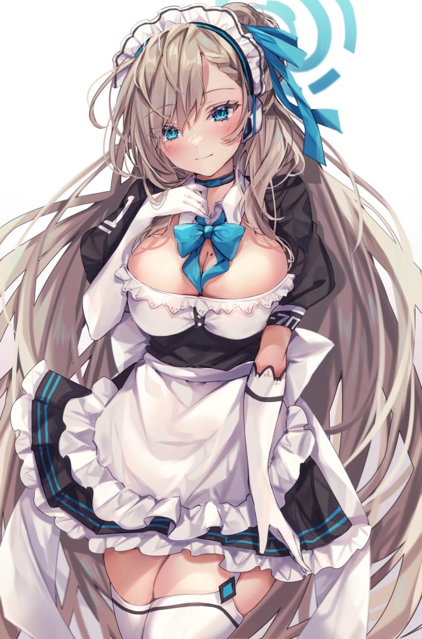 1girl absurdres apron asuna_(blue_archive) blue_archive blue_bow blue_eyes blush bow breasts choker cleavage cleavage_cutout clothing_cutout collar detached_collar gloves hair_bun hair_ribbon halo headphones highres large_breasts light_brown_hair long_hair maid maid_apron maid_headdress mole mole_on_breast ribbon skirt solo sorashima_(117) thighhighs very_long_hair white_gloves white_legwear