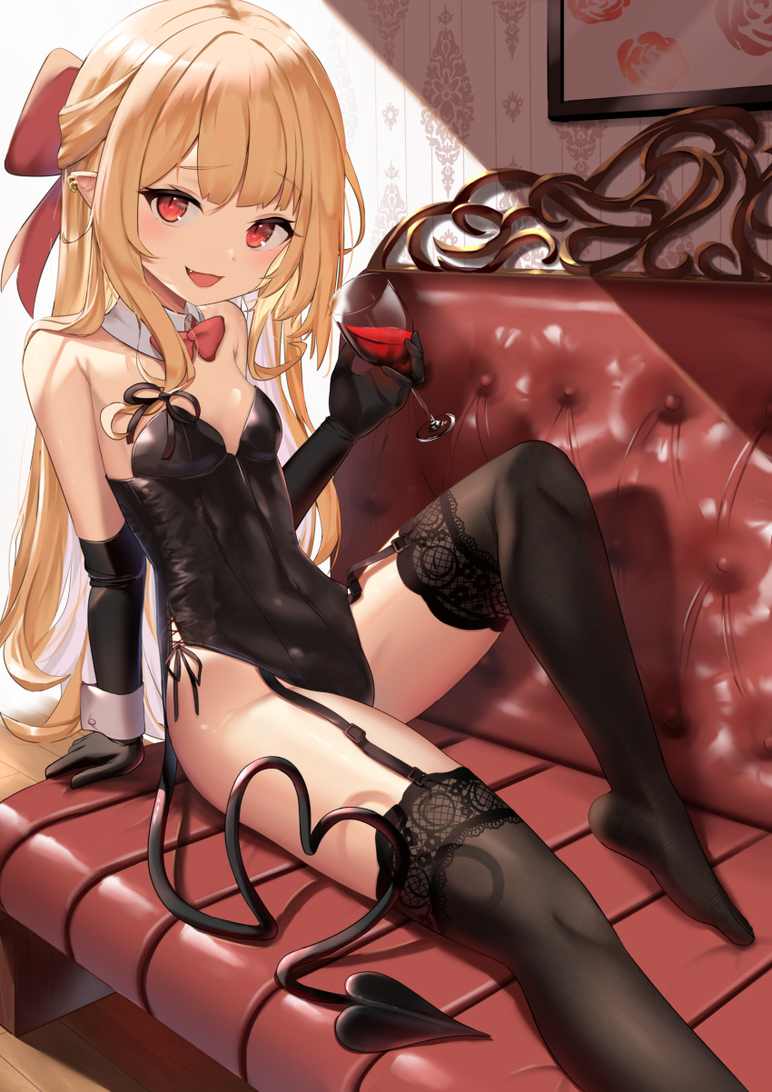1girl :d alcohol arm_support bangs bare_shoulders black_gloves black_legwear black_leotard black_tail blonde_hair blunt_bangs blush bow bowtie breasts couch cup cupping_glass demon_girl demon_tail detached_collar drinking_glass earrings elbow_gloves eyebrows_visible_through_hair fang feet fine_fabric_emphasis garter_straps gloves hair_bow hand_up harutaruouob heart heart_tail highres holding holding_cup hoop_earrings indoors jewelry knee_up lace-trimmed_legwear lace_trim leaning_back leotard long_hair looking_at_viewer on_couch open_mouth original pointy_ears red_bow red_bowtie red_eyes revision sidelocks sitting slit_pupils small_breasts smile solo strapless strapless_leotard sunlight tail thighhighs thighs wine wine_glass wooden_floor wrist_cuffs
