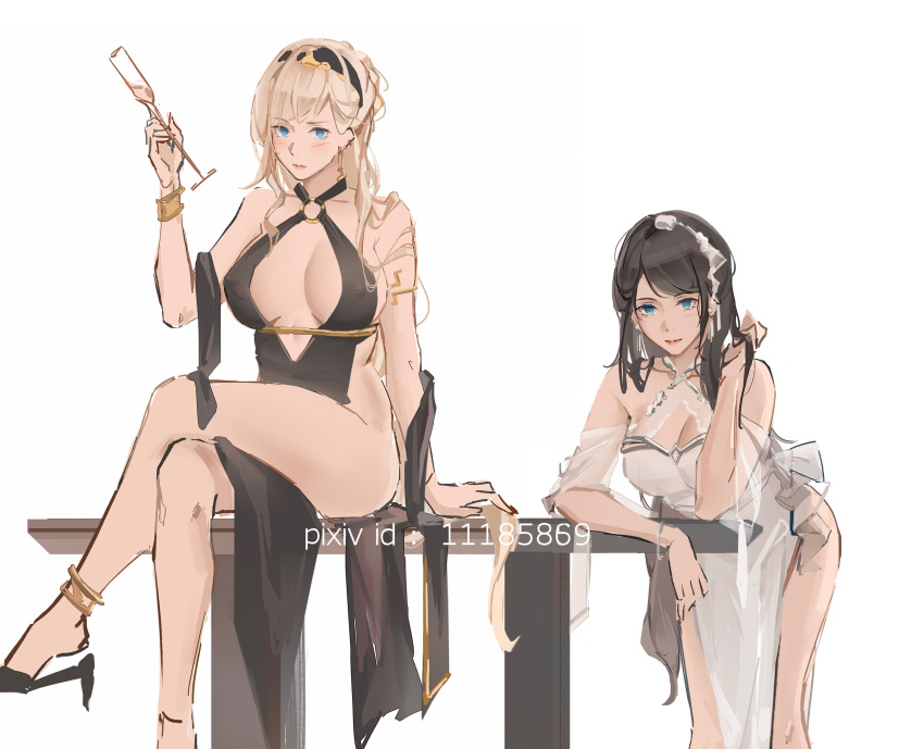2girls absurdres artist_name bangs bare_legs bare_shoulders black_dress black_footwear black_hair blonde_hair blue_eyes blush bracelet breasts character_request cleavage closed_mouth collarbone crossed_legs cup dress drinking_glass earrings eyebrows_visible_through_hair hair_ornament hairband hand_in_hair hand_on_table high_heels highres holding holding_cup jewelry large_breasts leaning_forward legs lips long_hair looking_at_viewer multiple_girls rifu_(643763873) sitting sitting_on_table standing thighs warship_girls_r white_background white_dress wine_glass