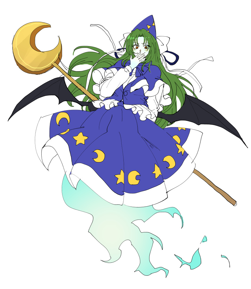 1girl absurdres bangs blue_capelet blue_headwear blue_skirt blue_vest capelet crescent demon_wings frilled_vest ghost_tail green_hair hat hat_ribbon highres holding holding_staff kuya_(hey36253625) long_hair long_sleeves mima_(touhou) parted_bangs red_eyes ribbon shirt simple_background skirt staff star_(symbol) touhou touhou_(pc-98) vest white_background white_ribbon white_shirt wings wizard_hat