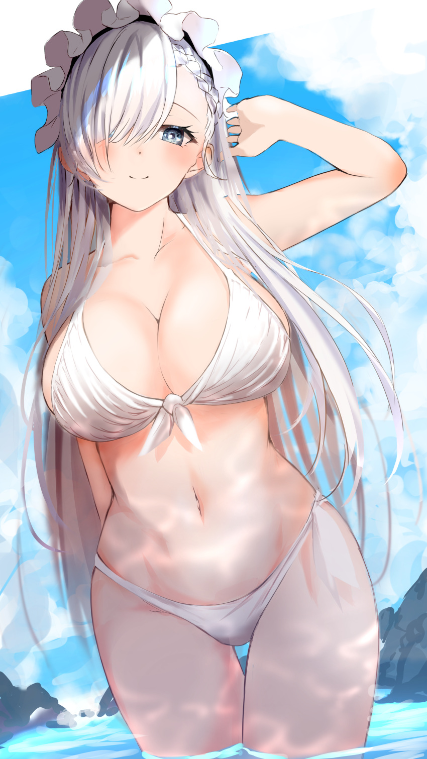 1girl absurdres arm_behind_back azur_lane belfast_(azur_lane) bikini blue_eyes blue_sky blush breasts cleavage closed_mouth cloud collarbone eyebrows_visible_through_hair front-tie_bikini front-tie_top hair_over_eyes hair_over_one_eye hand_in_hair hand_on_back hand_up highres large_breasts long_hair looking_at_viewer maid_headdress navel outdoors raru_(nanaharararu) silver_hair sky smile solo standing swimsuit thigh_gap very_long_hair white_bikini