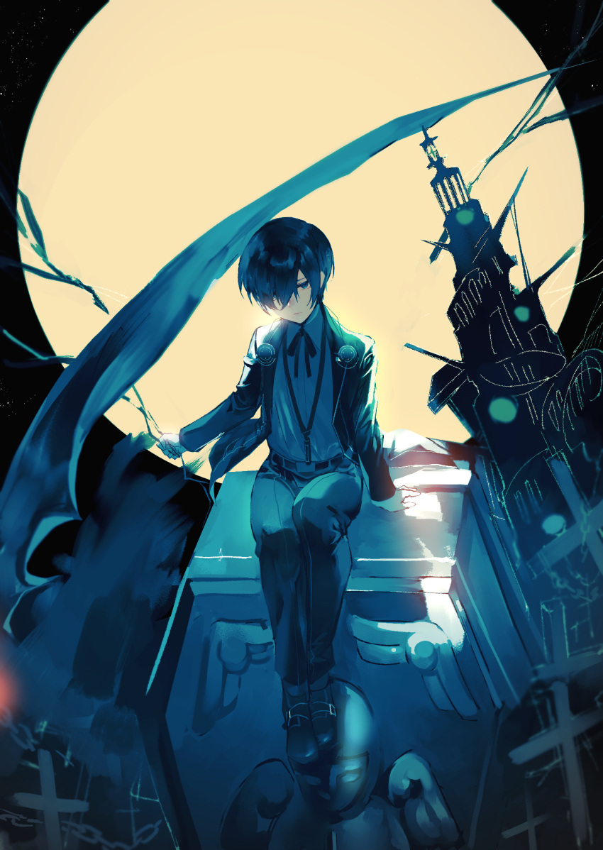 1boy black_jacket black_ribbon blue_eyes blue_hair collared_shirt dress_shirt full_body full_moon gekkoukan_high_school_uniform grey_pants grey_shirt hair_over_one_eye half-closed_eyes highres jacket long_sleeves lor_(roasyerizyonirapi) male_focus moon neck_ribbon pants persona persona_3 ribbon school_uniform shiny shiny_hair shirt short_hair sitting solo wing_collar yuuki_makoto