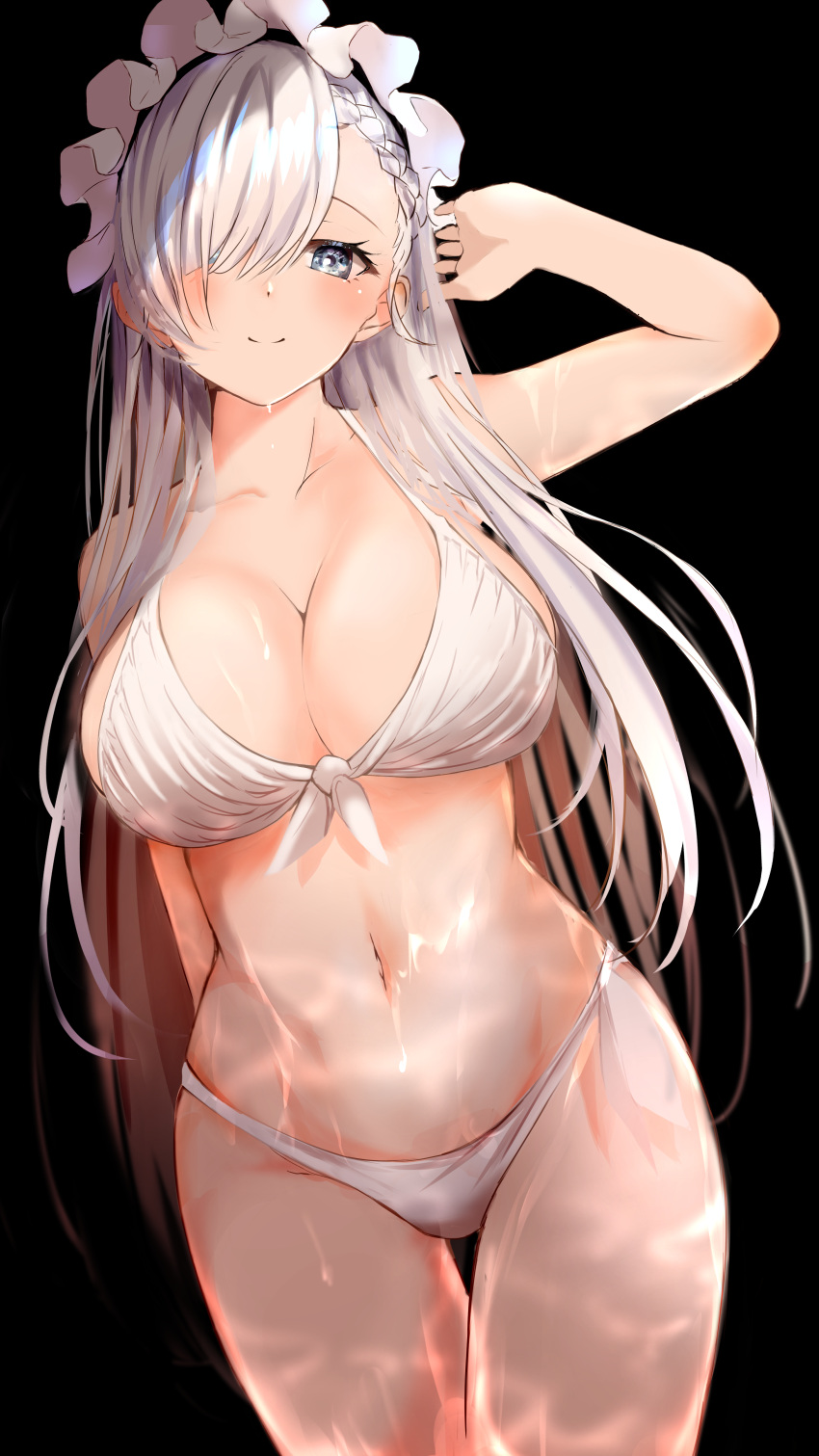 1girl absurdres arm_behind_back azur_lane belfast_(azur_lane) bikini black_background blue_eyes blush breasts cleavage closed_mouth collarbone eyebrows_visible_through_hair front-tie_bikini front-tie_top hair_over_eyes hair_over_one_eye hand_in_hair hand_on_back hand_up highres large_breasts long_hair looking_at_viewer maid_headdress navel raru_(nanaharararu) silver_hair simple_background smile solo standing swimsuit thigh_gap very_long_hair white_bikini