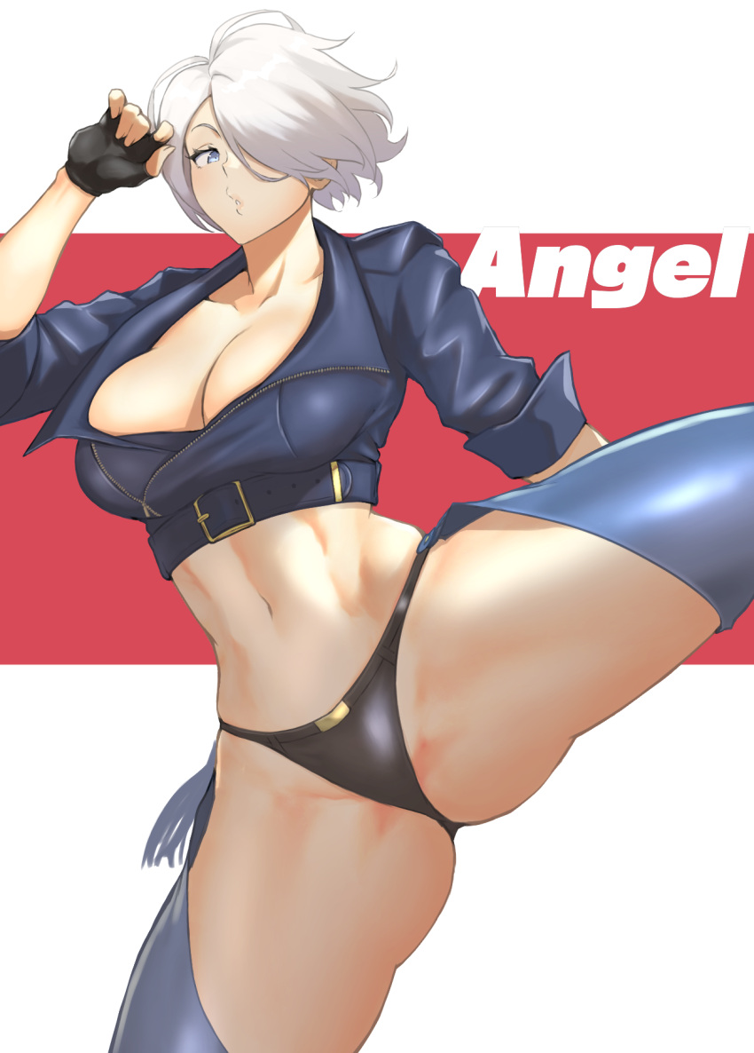 1girl anagumasan angel_(kof) bangs black_gloves blue_eyes breasts chaps character_name cleavage collarbone commentary_request cropped_jacket fingerless_gloves fingernails gloves hair_over_one_eye highres jacket kicking large_breasts leg_up lips navel panties shiny shiny_clothes shiny_hair short_hair simple_background sleeves_rolled_up stomach the_king_of_fighters thighs underwear white_hair zipper