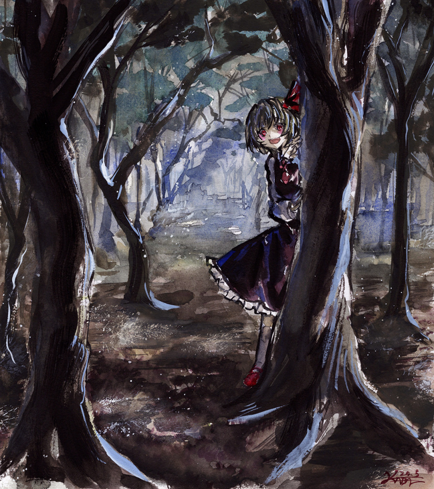 1girl :d black_skirt black_vest blonde_hair collared_shirt commentary eyebrows_visible_through_hair forest hair_ribbon highres kabaji long_sleeves looking_at_viewer mary_janes nature necktie open_mouth peeking_out red_eyes red_footwear red_necktie red_ribbon ribbon rumia shirt shoes short_hair signature skirt skirt_set smile socks solo standing teeth touhou traditional_media tree upper_teeth vest white_legwear white_shirt