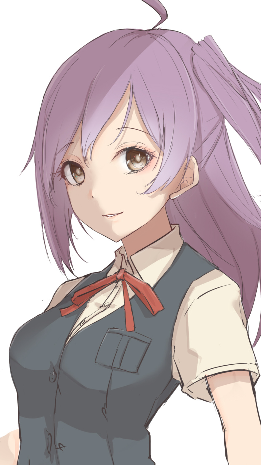 1girl absurdres ahoge black_vest blouse breast_pocket breasts collared_blouse eyebrows_visible_through_hair hagikaze_(kancolle) hair_between_eyes highres kantai_collection kerchief lips long_hair looking_at_viewer neck_ribbon neve one_side_up pocket purple_hair red_ribbon ribbon shirt simple_background small_breasts smile solo upper_body vest white_blouse white_shirt yellow_eyes