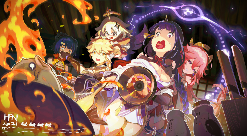 1boy 4girls absurdres aether_(genshin_impact) bangs bare_shoulders blonde_hair blue_eyes blue_hair braid cooking earrings fire genshin_impact gloves hair_ornament hair_rings halo han-0v0 hand_on_another's_face highres indoors japanese_clothes jewelry long_hair multiple_girls open_mouth paimon_(genshin_impact) pink_hair purple_eyes purple_hair raiden_shogun short_hair single_earring sweatdrop white_footwear white_hair xiangling_(genshin_impact) yae_miko yellow_eyes