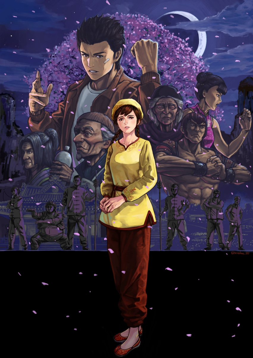 bandaid bandaid_on_face bangs braid brown_eyes character_request cherry_blossoms clenched_hand cloud crescent_moon hazuki_ryou highres jacket leather leather_jacket ling_shen_hua moon moonlight multiple_boys multiple_girls night night_sky pants petals raikou_(ff) red_footwear red_pants sash shenmue shenmue_iii shirt sky spiked_hair tree twin_braids white_shirt yellow_shirt yorimitsu zhen_wei