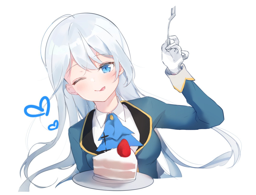 1girl ascot ban_hada blue_ascot blue_jacket blush breasts cake collared_shirt floating_hair food fork gloves heart highres holding holding_fork jacket leaning_to_the_side long_hair medium_breasts nijisanji nijisanji_kr plate shirt silver_hair smile solo upper_body virtual_youtuber white_gloves white_shirt yang_nari_(artist)