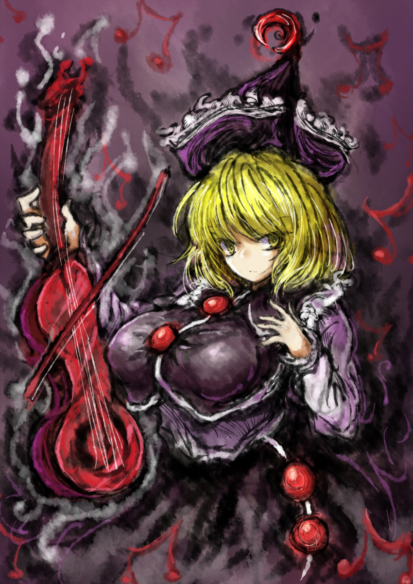 1girl 2b-ge black_dress blonde_hair breasts dress hat highres instrument large_breasts lunasa_prismriver musical_note solo touhou violin yellow_eyes