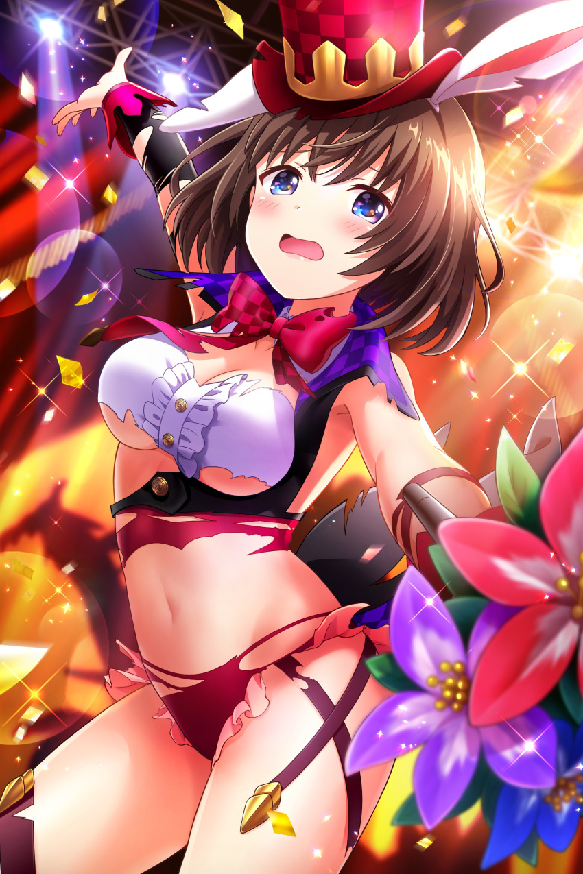 1girl absurdres alternative_girls animal_ears asahina_nono blue_eyes bouquet bow bowtie breasts brown_hair cleavage eyebrows_visible_through_hair fake_animal_ears hairband hat highres holding holding_bouquet looking_at_viewer magician medium_hair official_art open_hand open_mouth red_bow red_bowtie red_curtains solo stage_lights standing top_hat torn_clothes white_hairband