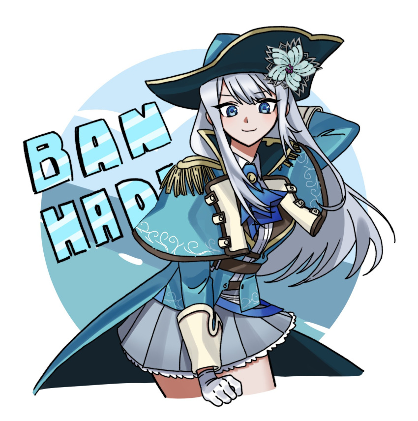1girl ascot ban_hada blue_ascot blue_capelet blue_headwear blue_jacket capelet character_name clenched_hand collared_shirt eyebrows_visible_through_hair floating_hair gloves grey_hair grey_skirt highres jacket long_hair looking_down munyamunya_(munyamunya84) nijisanji nijisanji_kr shirt skirt smile solo white_gloves white_shirt