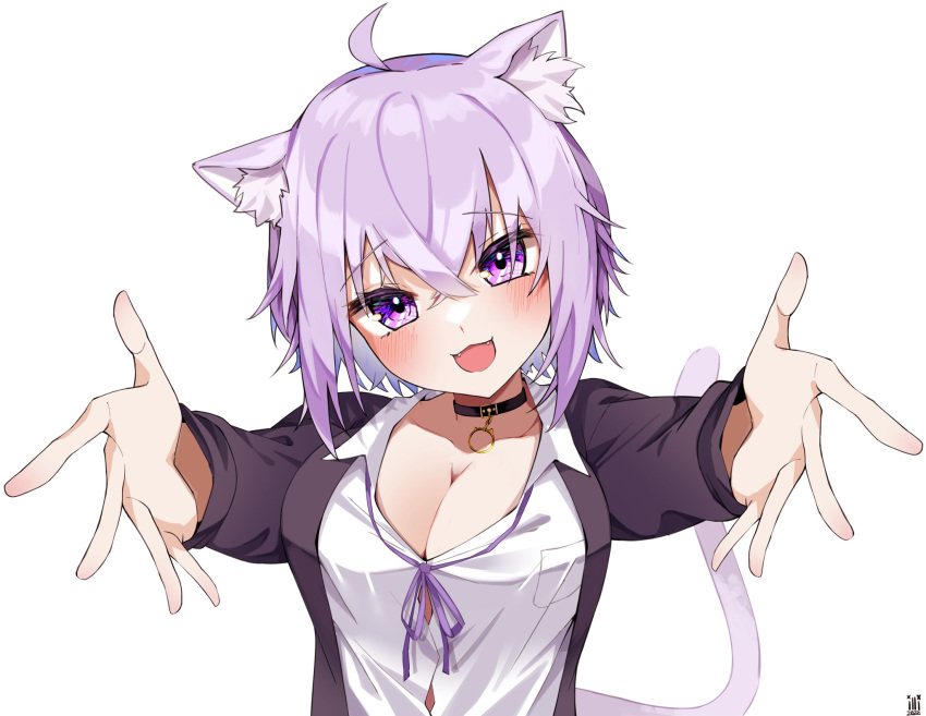 1girl :3 ahoge animal_collar animal_ear_fluff animal_ears bangs black_collar black_jacket blue_hair blush breast_pocket breasts button_gap cat_ears cat_girl cat_tail choker cleavage collar collarbone collared_shirt colored_inner_hair crossed_bangs dress_shirt eyebrows_visible_through_hair fangs glint hair_between_eyes head_tilt highres hololive hololive_gamers imminent_hug jacket large_breasts long_bangs long_sleeves looking_at_viewer loose_neck_ribbon multicolored_hair neck_ribbon nekomata_okayu no_bra open_clothes open_hands open_jacket open_mouth partially_unbuttoned pocket purple_eyes purple_hair purple_ribbon reaching_out ribbon shirt short_hair simple_background smile solo tail tsurime upper_body virtual_youtuber white_background white_shirt wing_collar zzz_(illustr_speaker)