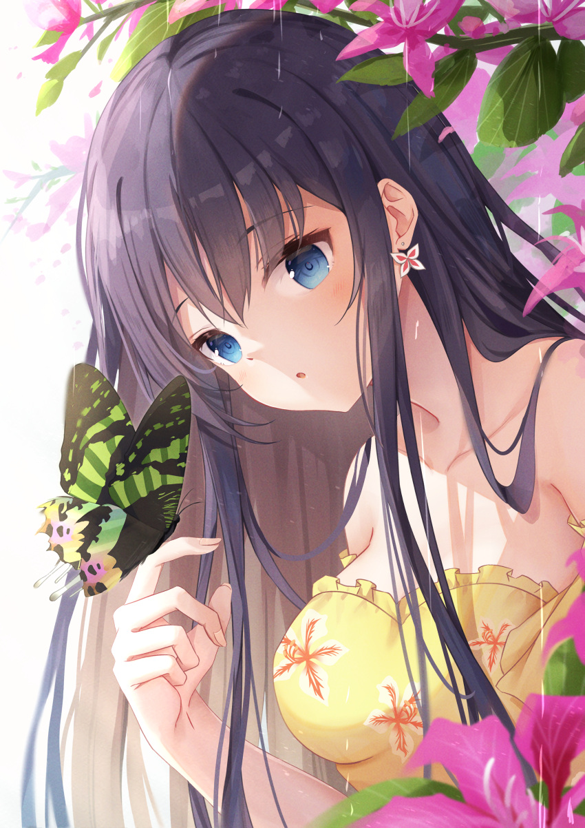 1girl :o absurdres bangs bare_shoulders black_hair blue_eyes breasts bug butterfly butterfly_earrings butterfly_on_hand collarbone dress earrings eyebrows_visible_through_hair flower hand_up highres jewelry koki_(latte1023) leaf long_hair medium_breasts original rain upper_body yellow_dress