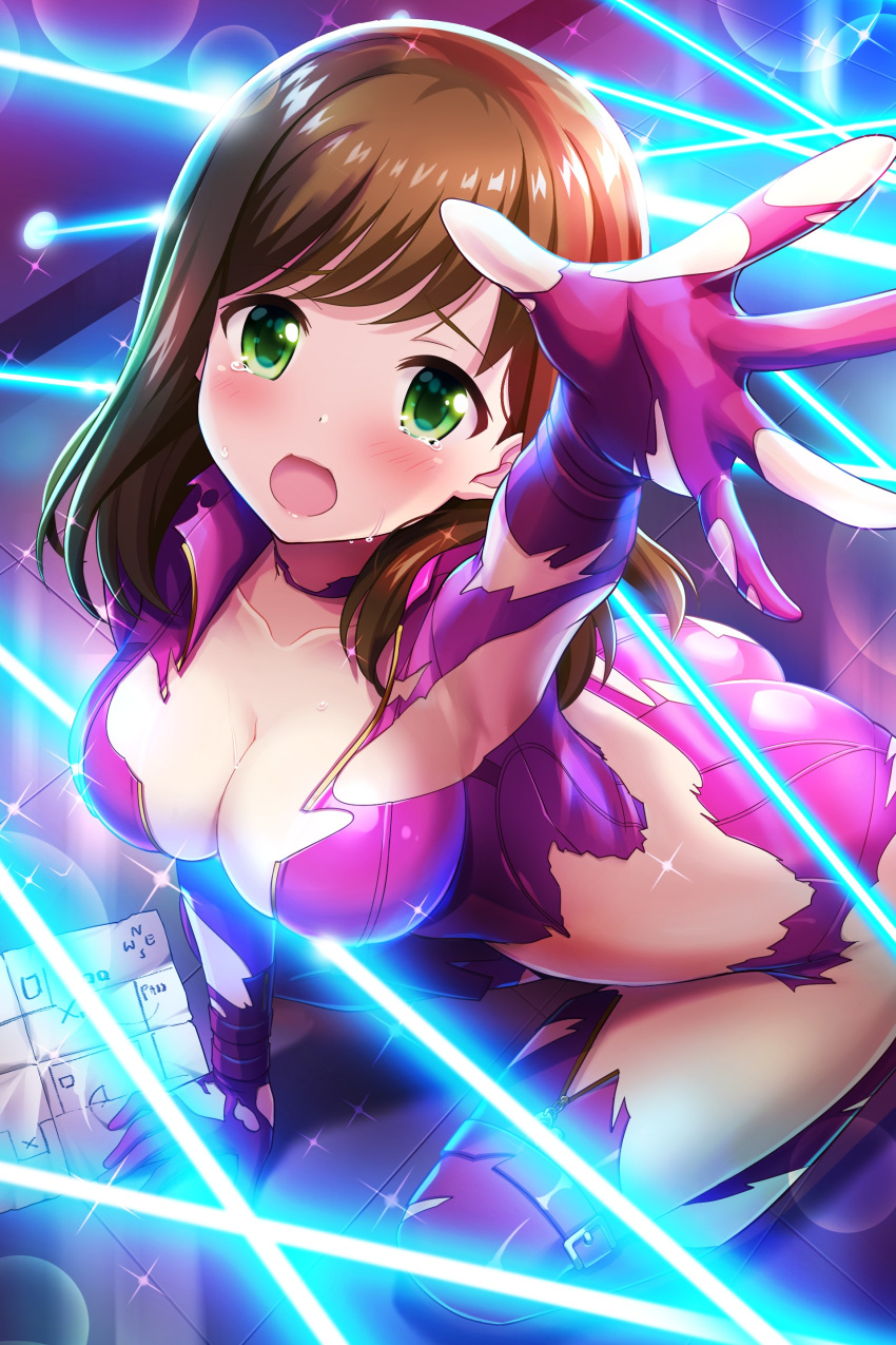 1girl absurdres alternative_girls ass bodysuit breasts brown_hair catsuit cleaver eyebrows_visible_through_hair green_eyes highres hirose_koharu indoors large_breasts laser long_hair looking_at_viewer official_art open_hand open_mouth pink_bodysuit sitting solo torn_bodysuit torn_clothes