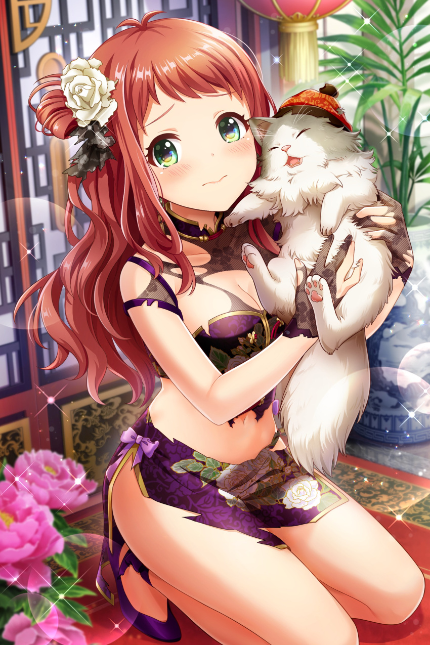 1girl absurdres agatsuma_ren alternative_girls animal breasts cat china_dress chinese_clothes cleavage closed_mouth dress eyebrows_visible_through_hair floral_print flower gloves green_eyes highres holding holding_animal holding_cat indoors kneeling long_hair looking_at_viewer official_art plant purple_footwear red_hair rose sitting solo thighs torn_clothes torn_dress torn_gloves