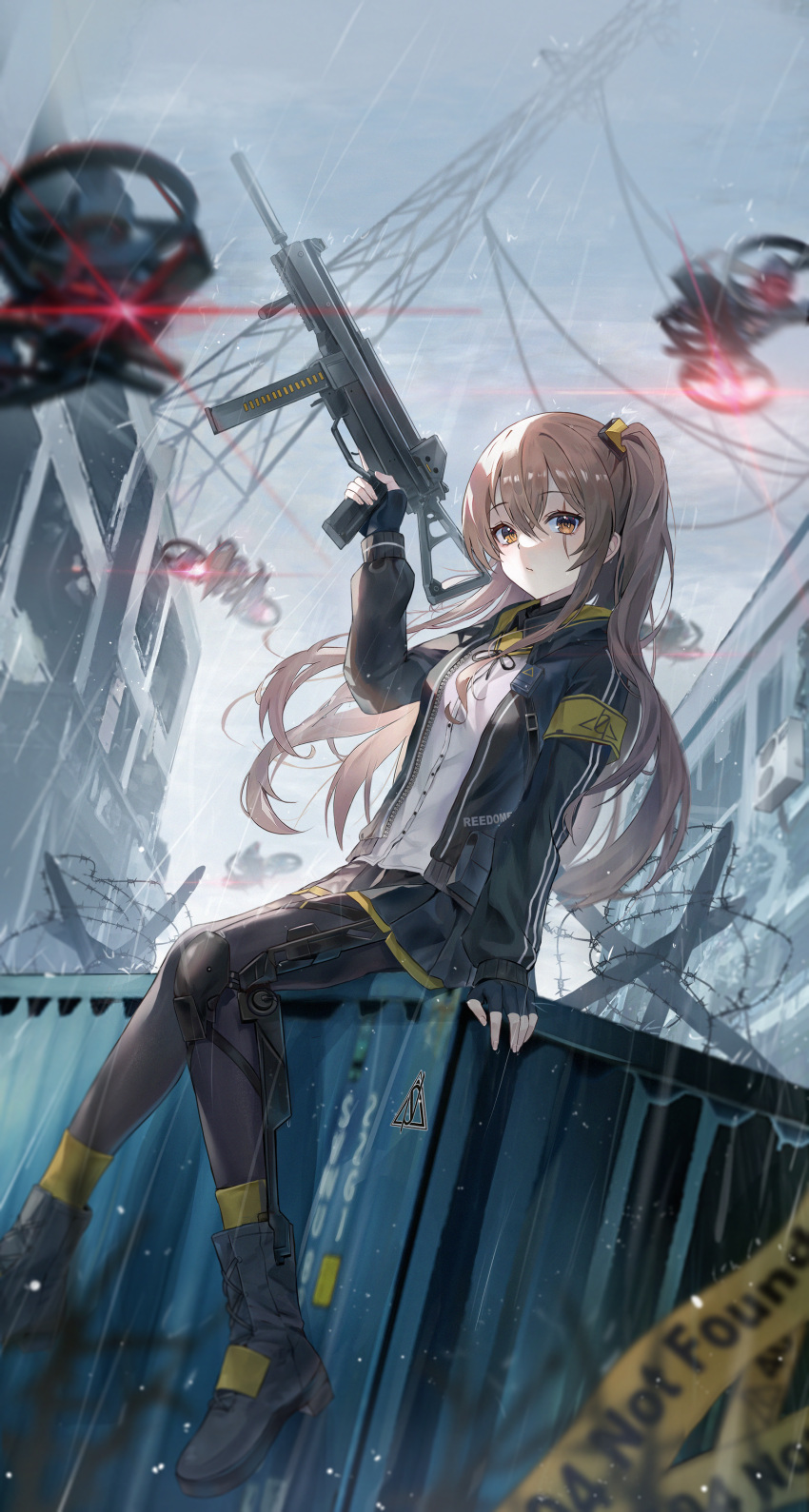 1girl :/ absurdres air_conditioner barbed_wire black_legwear brown_hair building drone eyebrows_visible_through_hair flat_chest girls'_frontline gun h&amp;k_ump h&amp;k_ump45 hair_between_eyes highres holding holding_gun holding_weapon jacket long_hair looking_at_viewer mrr_05 one_side_up pantyhose rain scar scar_across_eye scar_on_face shipping_container shirt sidelocks sitting solo submachine_gun transmission_tower ump45_(girls'_frontline) unzipped weapon white_shirt yellow_eyes