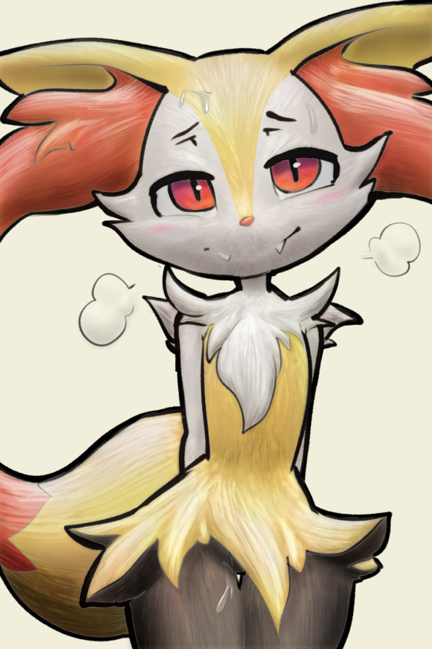 2:3 ambiguous_gender anthro blush bodily_fluids braixen canid canine cute_fangs digital_media_(artwork) fangs felixguara genital_fluids hi_res inner_ear_fluff itsunknownanon looking_at_viewer mammal nintendo pok&eacute;mon pok&eacute;mon_(species) simple_background smile solo sweat tuft video_games