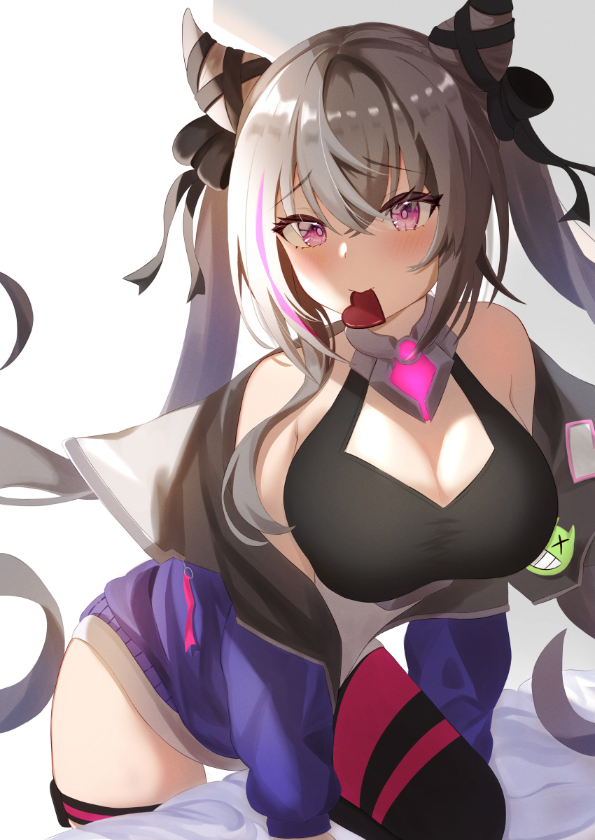 1girl absurdly_long_hair absurdres azur_lane bare_shoulders breasts candy chocolate cleavage cleavage_cutout clothing_cutout collar double_bun eyebrows_visible_through_hair food grey_hair heart heart-shaped_chocolate highres jacket large_breasts long_hair looking_at_viewer mouth_hold multicolored_hair partially_unzipped pink_collar pink_eyes pink_hair purple_jacket san_francisco_(azur_lane) simple_background single_leg_pantyhose solo streaked_hair sumisumi4268 twintails two-tone_hair valentine very_long_hair white_background