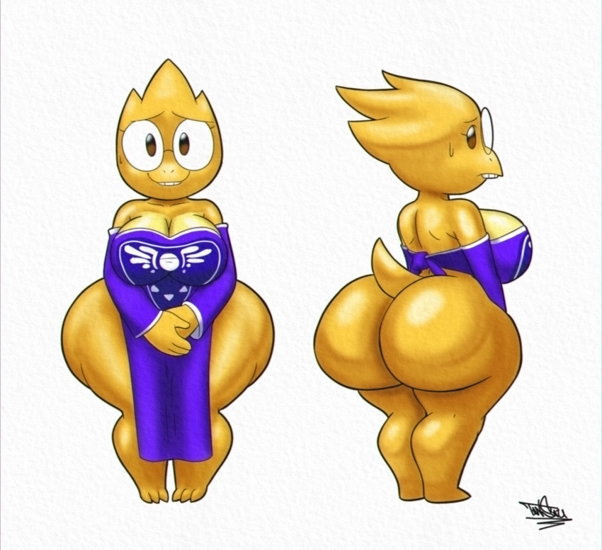 alphys anthro big_breasts big_butt bodily_fluids bottomless breasts butt cleavage clothed clothing eyewear female frown glasses hands_together hi_res huge_butt huge_hips huge_thighs lizard looking_at_viewer non-mammal_breasts reptile robe scalie side_boob smile solo sweat sweatdrop tansau thick_thighs undertale undertale_(series) video_games wide_hips yellow_body