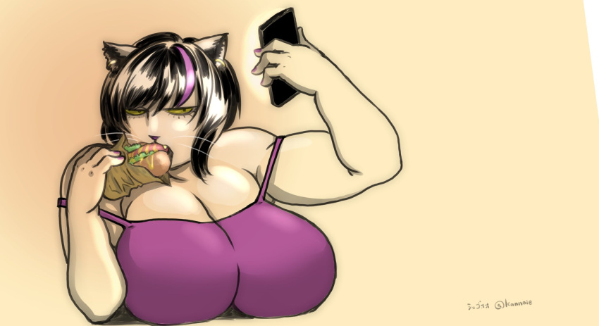 anthro big_breasts bored breasts catti_(deltarune) cleavage clothed clothing colored_nails deltarune domestic_cat ear_piercing ear_ring eatting english_text eyeliner fangs felid feline felis female food front_view fur hair half-closed_eyes half-length_portrait hi_res highlights_(coloring) holding_object holding_phone hot_dog huge_breasts japanese_text kannoie looking_at_object looking_at_phone makeup mammal nails narrowed_eyes on_phone phone piercing pink_highlights pink_nails portrait short_hair signature simple_background solo text tight_clothing tight_tank_top tight_topwear topwear undertale_(series) video_games white_body white_fur yellow_sclera