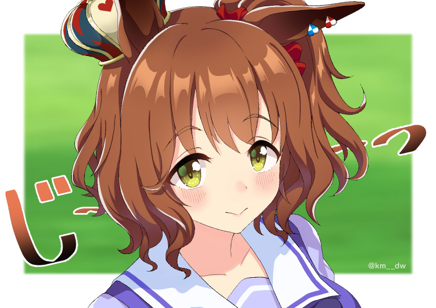 1girl animal_ears aston_machan_(umamusume) blush brown_hair collarbone commentary_request crown green_background green_eyes highres horse_ears horse_girl kuromitu_(kuromitu0813) looking_at_viewer portrait school_uniform simple_background smile solo twitter_username umamusume