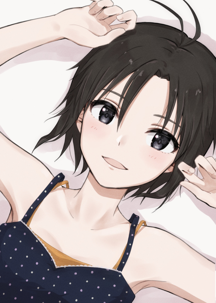 1girl antenna_hair armpits bangs bare_shoulders black_camisole black_eyes black_hair camisole close-up commentary drop_shadow dutch_angle hair_between_eyes hands_up highres idolmaster idolmaster_(classic) idolmaster_2 idolmaster_million_live! idolmaster_million_live!_theater_days kikuchi_makoto light_blush looking_at_viewer lying mogskg on_back orange_camisole parted_lips polka_dot polka_dot_camisole short_hair smile solo undershirt