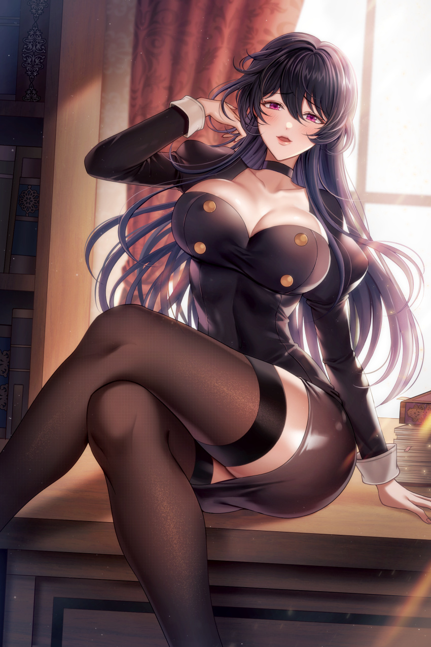 1girl absurdres black_clothes black_dress black_hair black_legwear black_skirt blush breasts cleavage cover crossed_legs desk dress highres large_breasts long_hair looking_at_viewer miniskirt official_art on_desk on_table open_mouth original pantyhose pink_eyes sitting sitting_on_desk skirt solo solo_focus table ubi_(ekdus6080) window