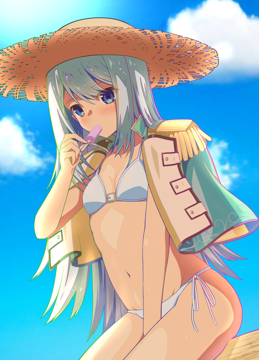 1girl absurdres arm_between_legs ban_hada basijiu_er bikini blue_capelet blue_eyes blue_hair blush breasts capelet cleavage cloud english_commentary eyebrows_visible_through_hair food hat highres in_mouth long_hair looking_down mixed-language_commentary navel nijisanji nijisanji_kr popsicle sitting sky small_breasts solo straw_hat swimsuit virtual_youtuber white_bikini
