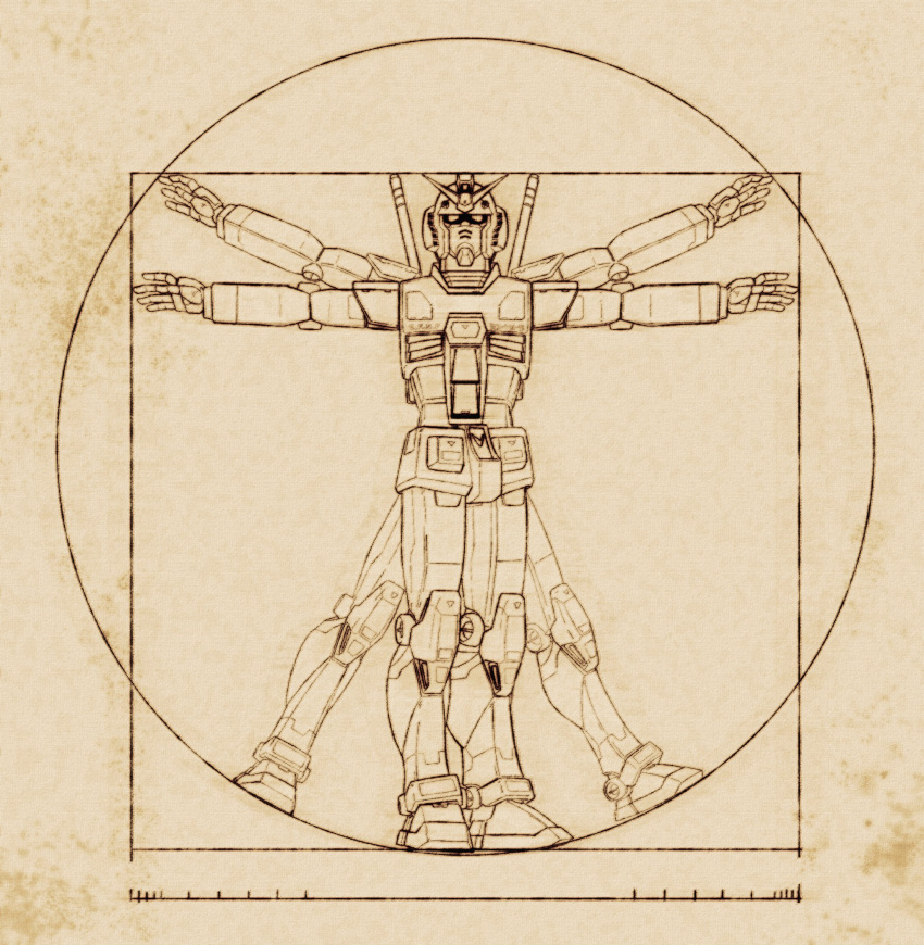 english_commentary fine_art_parody gundam highres looking_at_viewer mecha mobile_suit mobile_suit_gundam no_humans open_hands parody rx-78-2 science_fiction solo strictly_mecha v-fin vitruvian_man