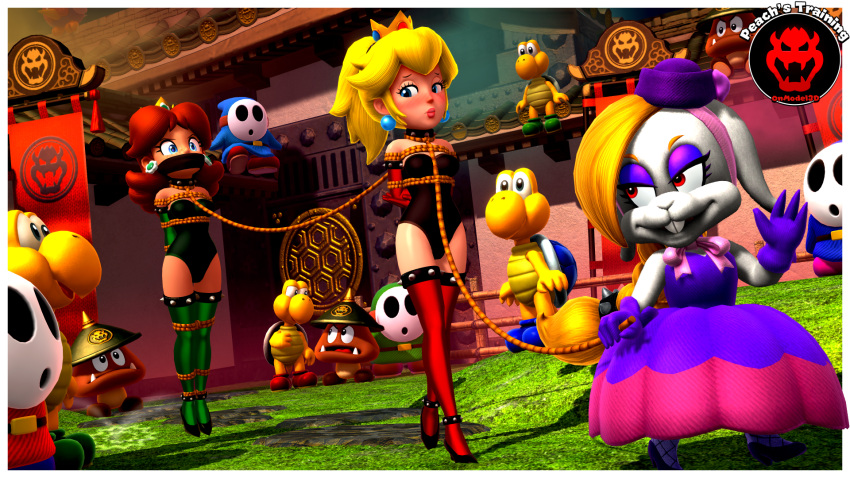 ambiguous_gender anthro armwear bdsm blush bondage bound broodal clothing collar crown elbow_gloves female freckles gag gloves goomba group handwear hariet_(mario) hi_res high_heels hopping human koopa leading leash mammal mario_bros nintendo onmodel3d otm_gag princess_daisy princess_peach public restraints rope rope_bondage rope_leash scalie shyguy super_mario_odyssey video_games