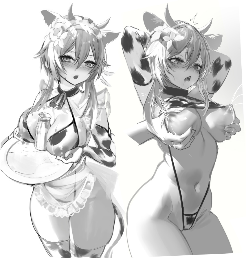 1girl animal_ears animal_print apron bangs bikini blush bottle breast_grab breast_rest breast_squeeze breasts carried_breast_rest carrying cleavage cow_ears cow_girl cow_print eyebrows_visible_through_hair flower g-string genshin_impact grabbing hair_between_eyes hair_flower hair_ornament highres horns huge_breasts lactation lactation_through_clothes large_breasts looking_at_viewer lumine_(genshin_impact) milk milk_bottle monochrome navel nipples pottsness saliva short_hair sweatdrop swimsuit thighhighs thong underboob