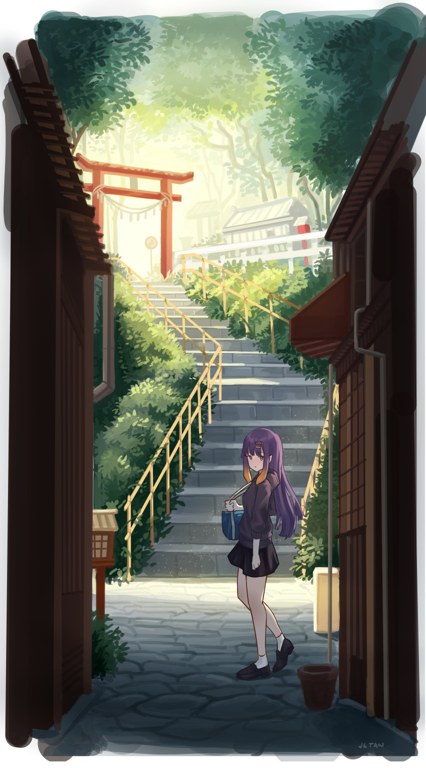 1girl absurdres bag bangs black_skirt brown_footwear brown_hoodie building closed_mouth hair_ornament hairclip highres hololive hololive_english hood hoodie jl_tan long_hair looking_at_viewer ninomae_ina'nis outdoors plant pointy_ears purple_eyes purple_hair shoes shoulder_bag signature skirt socks solo stairs standing stone_lantern torii virtual_youtuber white_legwear