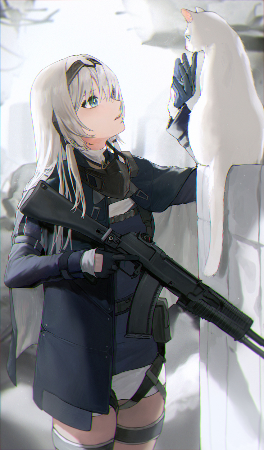 1girl absurdres an-94 an-94_(girls'_frontline) aqua_eyes assault_rifle black_gloves cat cowboy_shot girls'_frontline gloves gun hairband highres holding holding_gun holding_weapon kalashnikov_rifle kir_(khw66136132) long_hair long_sleeves magazine_(weapon) platinum_blonde_hair rifle solo standing tactical_clothes thigh_strap trigger_discipline weapon