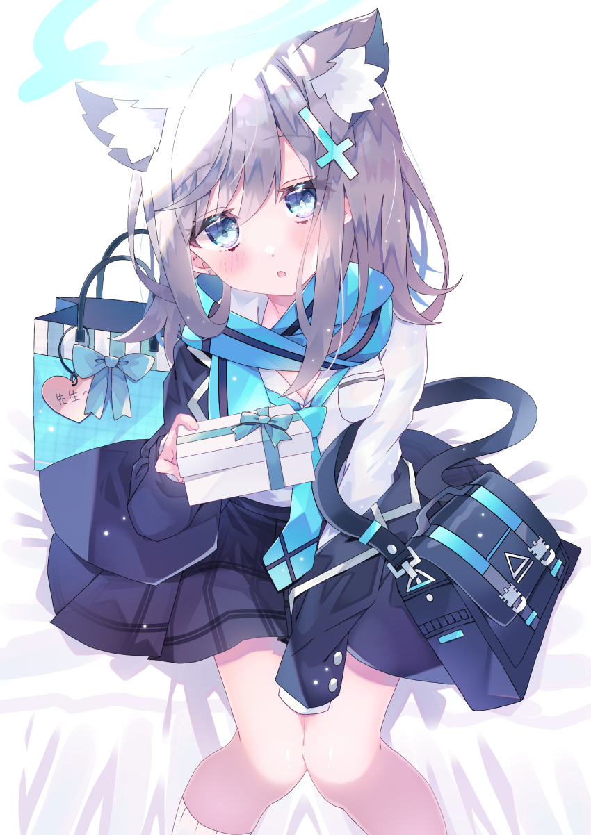 1girl animal_ear_fluff animal_ears aoi_yugina bag bangs bed black_jacket black_skirt blazer blue_archive blue_eyes blue_necktie blue_scarf blush box cat_ears commentary dress_shirt eyebrows_visible_through_hair gift gift_box grey_hair hair_ornament halo highres holding holding_gift jacket long_sleeves looking_at_viewer medium_hair miniskirt necktie off_shoulder on_bed open_mouth pleated_skirt scarf school_briefcase school_uniform shiroko_(blue_archive) shirt shopping_bag sitting skirt socks solo valentine white_legwear white_shirt