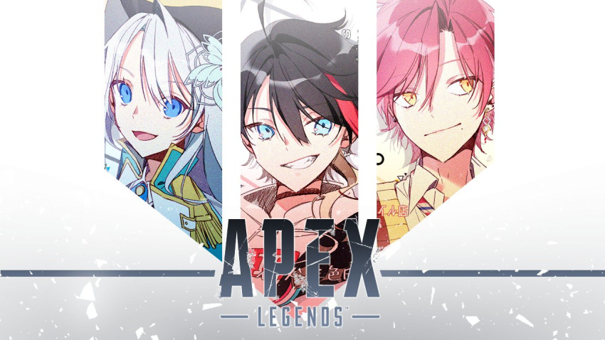 1girl 2boys apex_legends ascot ban_hada bangs beige_vest black_choker black_hair black_jacket blue_ascot blue_capelet blue_eyes blue_headwear blue_jacket brown_eyes capelet choker collared_shirt eyebrows_visible_through_hair ha_yun hair_behind_ear hood hoodie jacket logo looking_to_the_side mole mole_under_mouth multicolored_hair multiple_boys nai_(0fficialnothing) necktie nijisanji nijisanji_kr open_mouth red_eyes red_hair red_necktie saegusa_akina shirt silver_hair smile smirk streaked_hair virtual_youtuber white_hoodie white_shirt