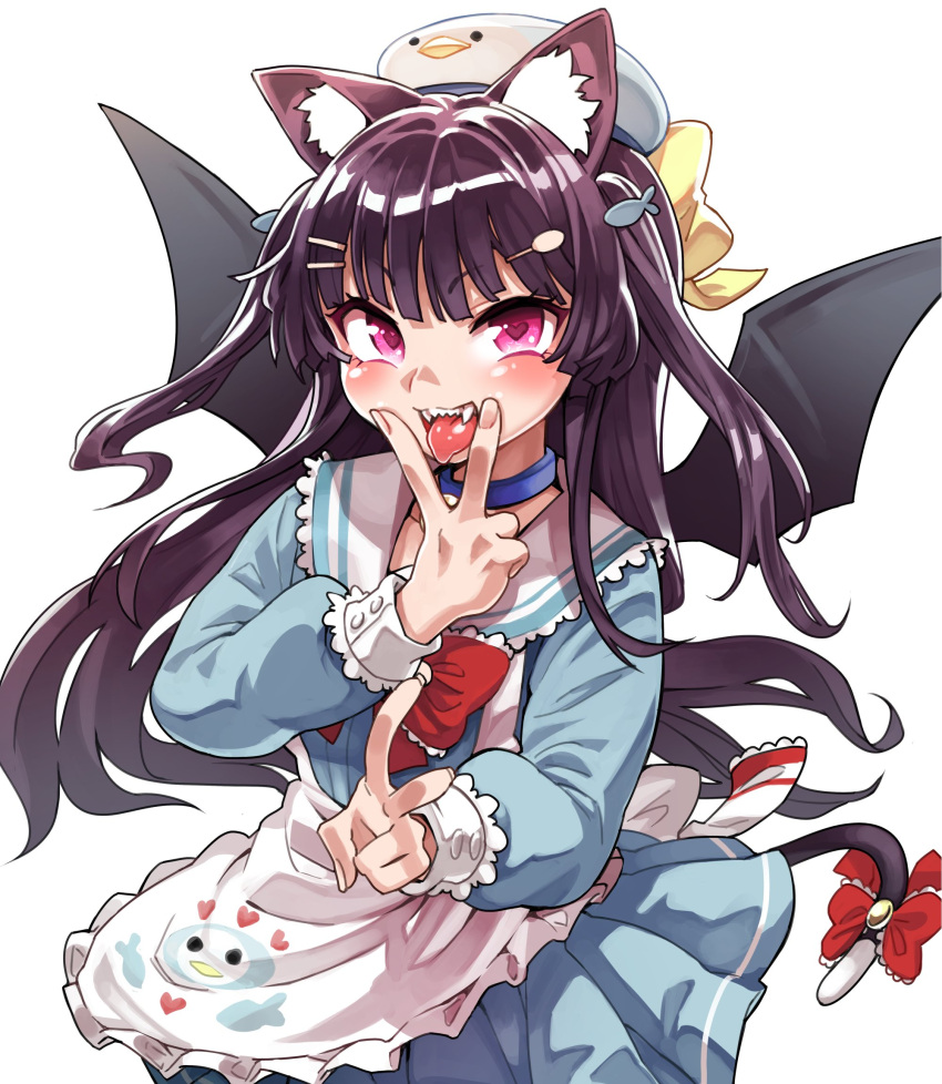 1girl animal_ear_fluff animal_ears apron bangs blue_collar blue_dress blunt_bangs blush bow bowtie clothing_request collar commentary_request copyright_request double_v dress eyebrows_visible_through_hair fangs fish_hair_ornament fukumaaya hair_ornament hairclip hat heart heart-shaped_pupils highres long_hair long_sleeves looking_at_viewer open_mouth pink_eyes purple_hair red_bow red_bowtie simple_background solo symbol-shaped_pupils tail tail_bow tail_ornament teeth tongue tongue_out upper_body v waist_apron white_background white_headwear wings