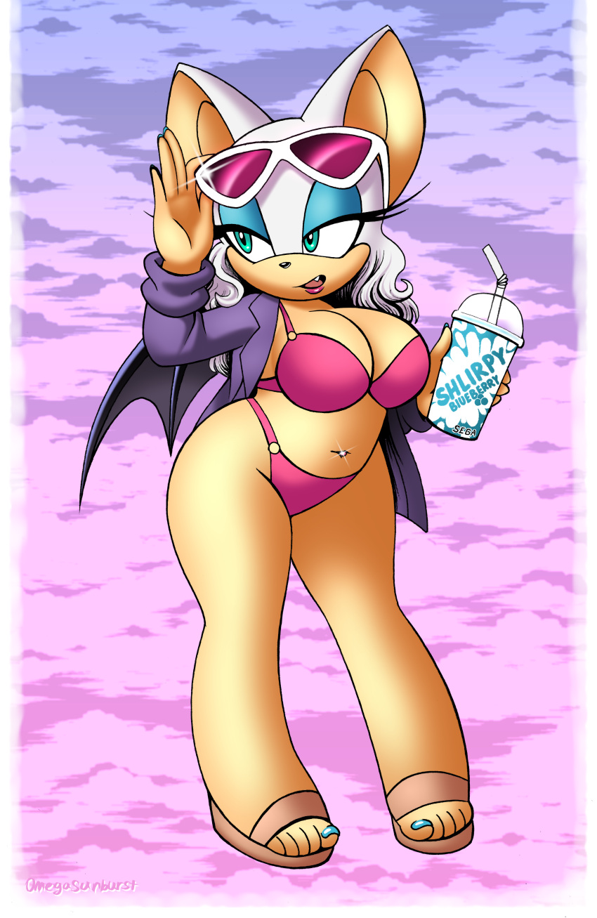 5_toes absurd_res anthro beverage big_breasts bikini breasts chiropteran clothing english_text eyewear fangs feet female footwear hi_res jacket mammal navel navel_piercing omegasunburst open_mouth piercing rouge_the_bat sandals sega solo sonic_the_hedgehog_(series) sunglasses swimwear teal_eyes text toes topwear video_games wings