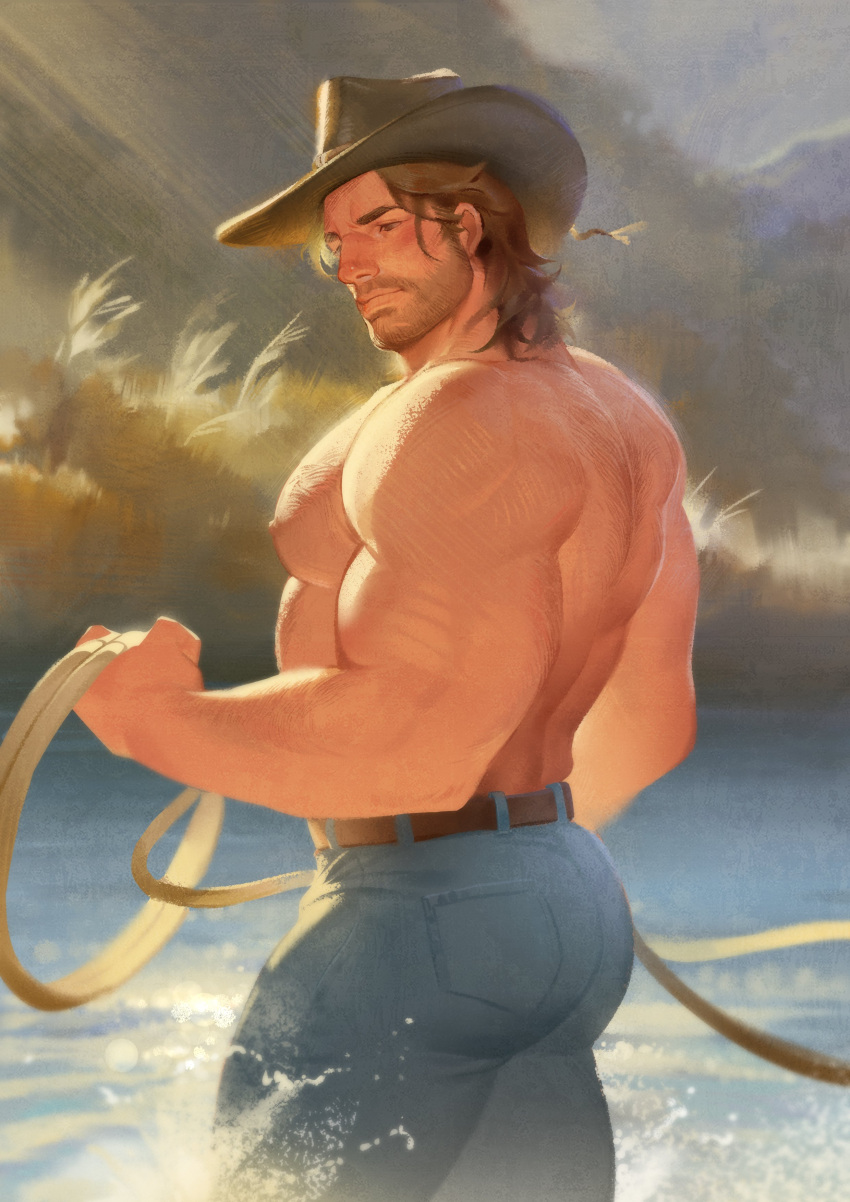 1boy absurdres arthur_morgan ass bara belt biceps body_hair broad_shoulders brown_hair cowboy_hat day facial_hair hat henrryxv highres huge_ass large_pectorals long_hair manly muscular muscular_male nipples pants pectoral_cleavage pectorals red_dead_redemption_2 river rope solo thick_arms thick_thighs thighs topless topless_male