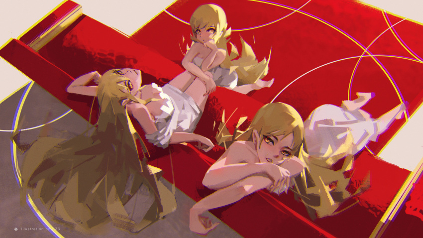 3girls absurdres bakemonogatari bangs barefoot blonde_hair breasts carpet chromatic_aberration couch dress gzs highres kiss-shot_acerola-orion_heart-under-blade kizumonogatari large_breasts long_hair looking_at_viewer monogatari_(series) multiple_forms multiple_girls name_tag off-shoulder_dress off_shoulder oshino_shinobu painterly pointy_ears sleeveless sleeveless_dress strapless strapless_dress teenage vampire very_long_hair white_dress yellow_eyes