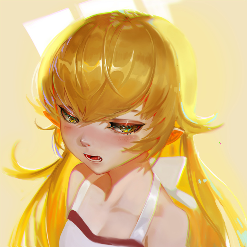 absurdres bakemonogatari bangs blonde_hair blush bow collarbone dio20160816 dress eyeshadow fang highres long_hair looking_away makeup monogatari_(series) nose open_mouth oshino_shinobu painterly pointy_ears portrait sleeveless sleeveless_dress sundress white_dress yellow_eyes