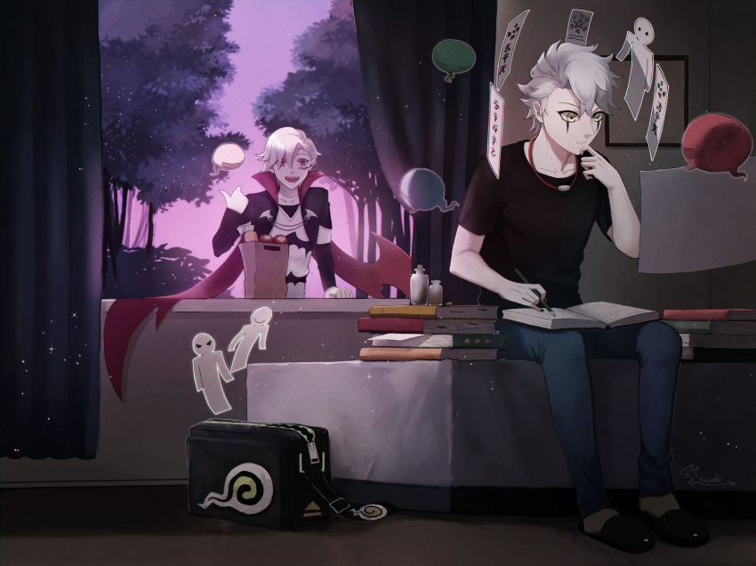 2boys absurdres bag black_nails black_shirt book book_stack bookbag bottle curtains denim food green_eyes highres hijinrui_gakuen indoors jewelry multiple_boys necklace pale_skin paper_cutout shirt shopping_bag sitting suiseki white_hair window